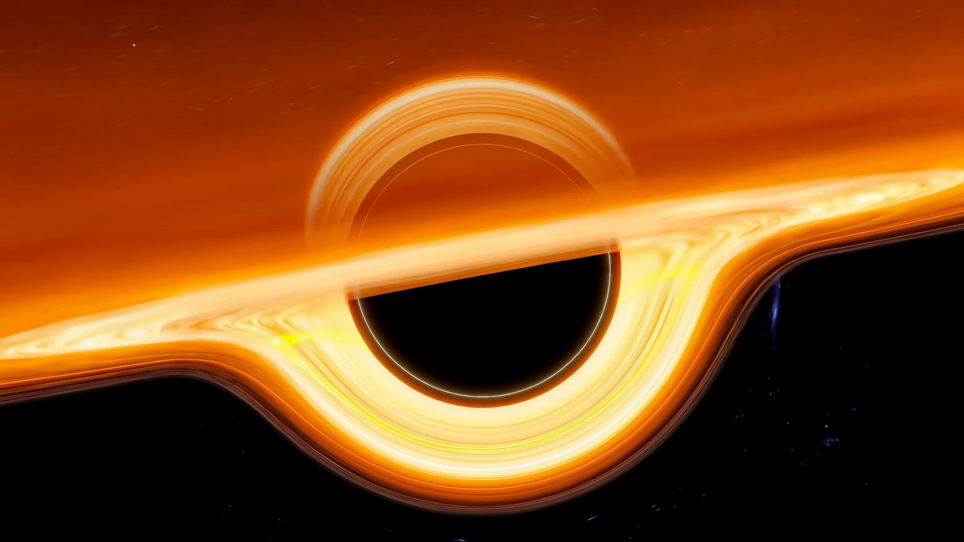 An animated black hole collapsing into the Orbis orbit-ring logo