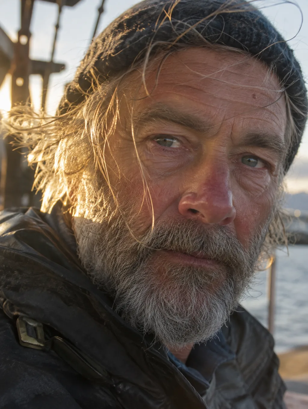 Close-up portrait of a weathered old fisherman on a dock at sunset