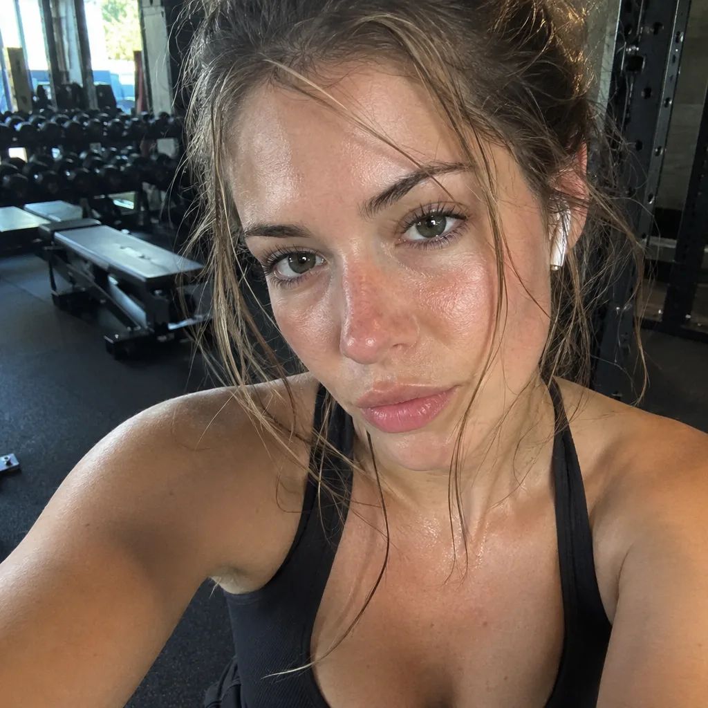 A realistic phone selfie of a woman at the gym after a workout