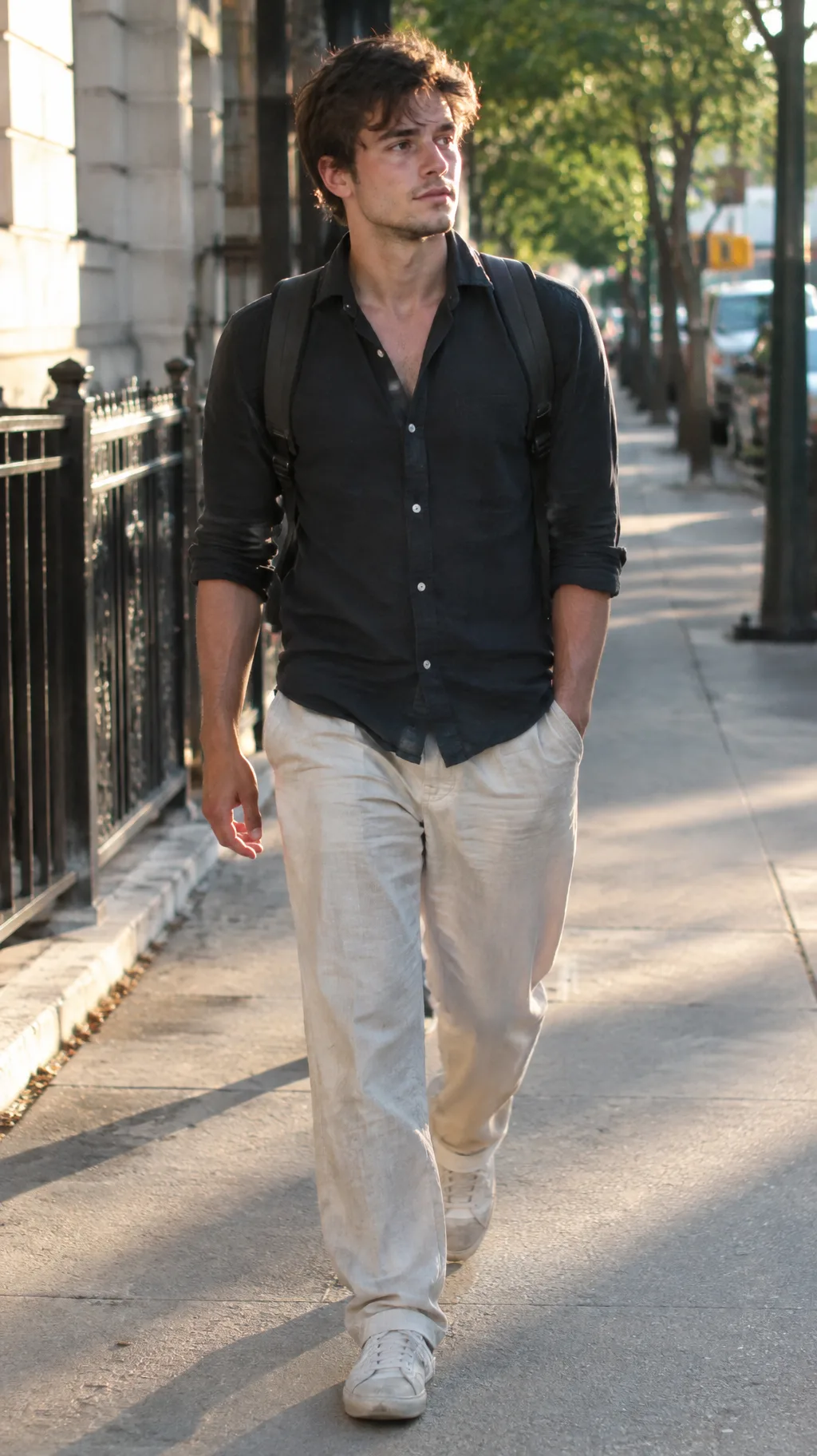A young man in a black shirt and linen trousers walking down a tree-lined city street