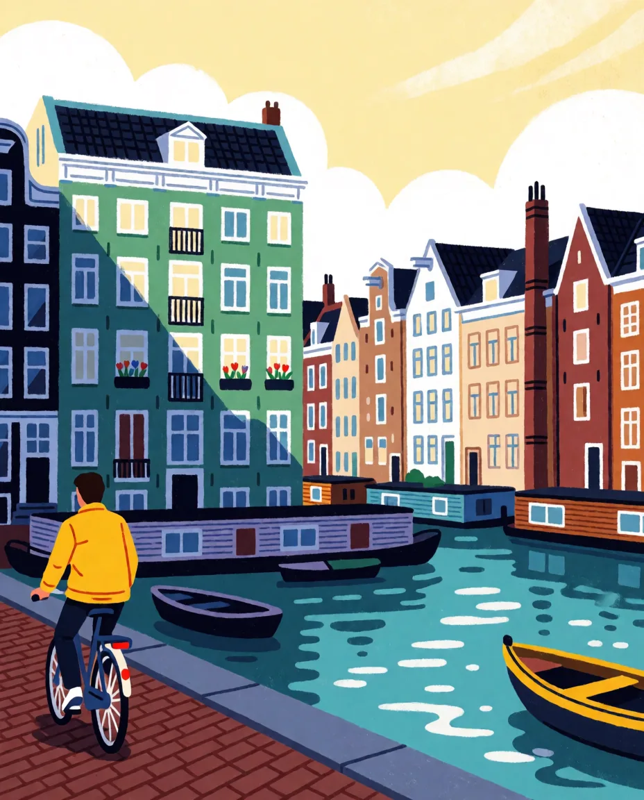 Flat illustration of a cyclist beside an Amsterdam canal in spring