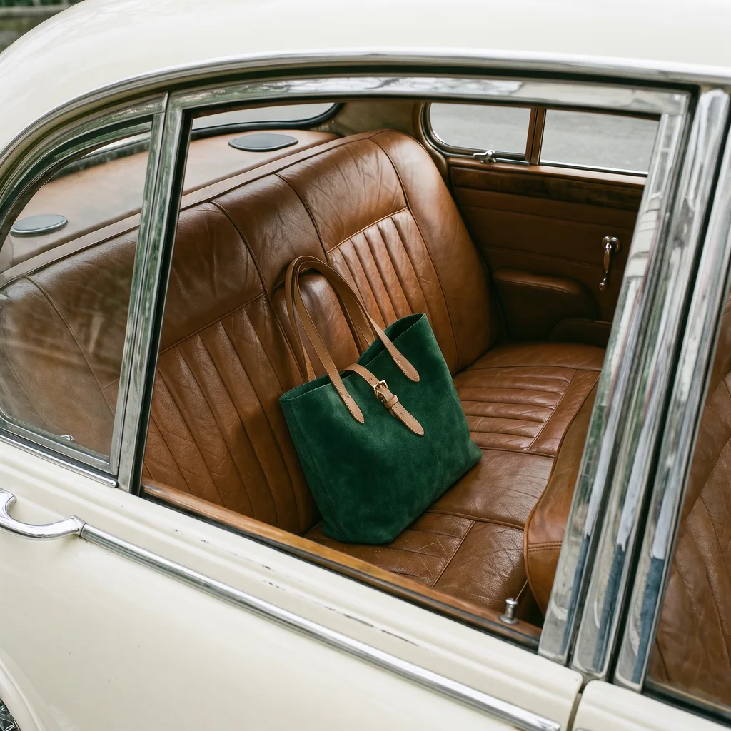 A cream tote bag on a vintage car's back seat, edited into green suede with everything else kept the same