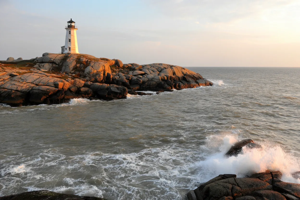 The lighthouse at Peggy's Cove, Nova Scotia, at sunset with waves on the granite