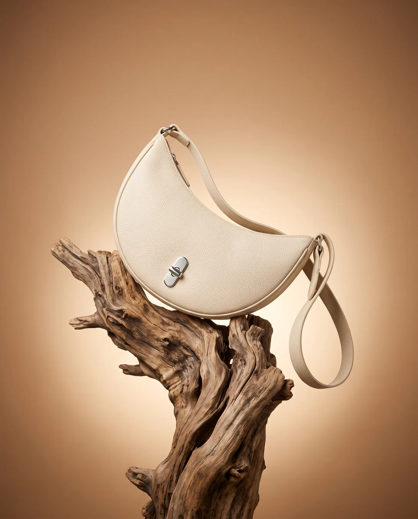 Product photo of a cream leather crescent shoulder bag with a silver clasp