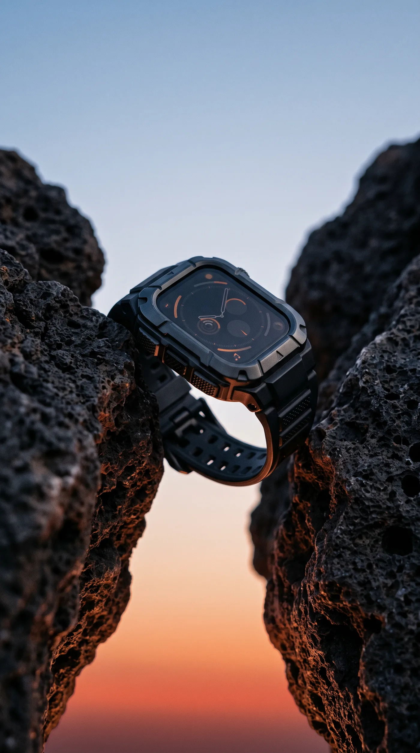 Product photo of a rugged smartwatch on a black sport band between two volcanic rocks